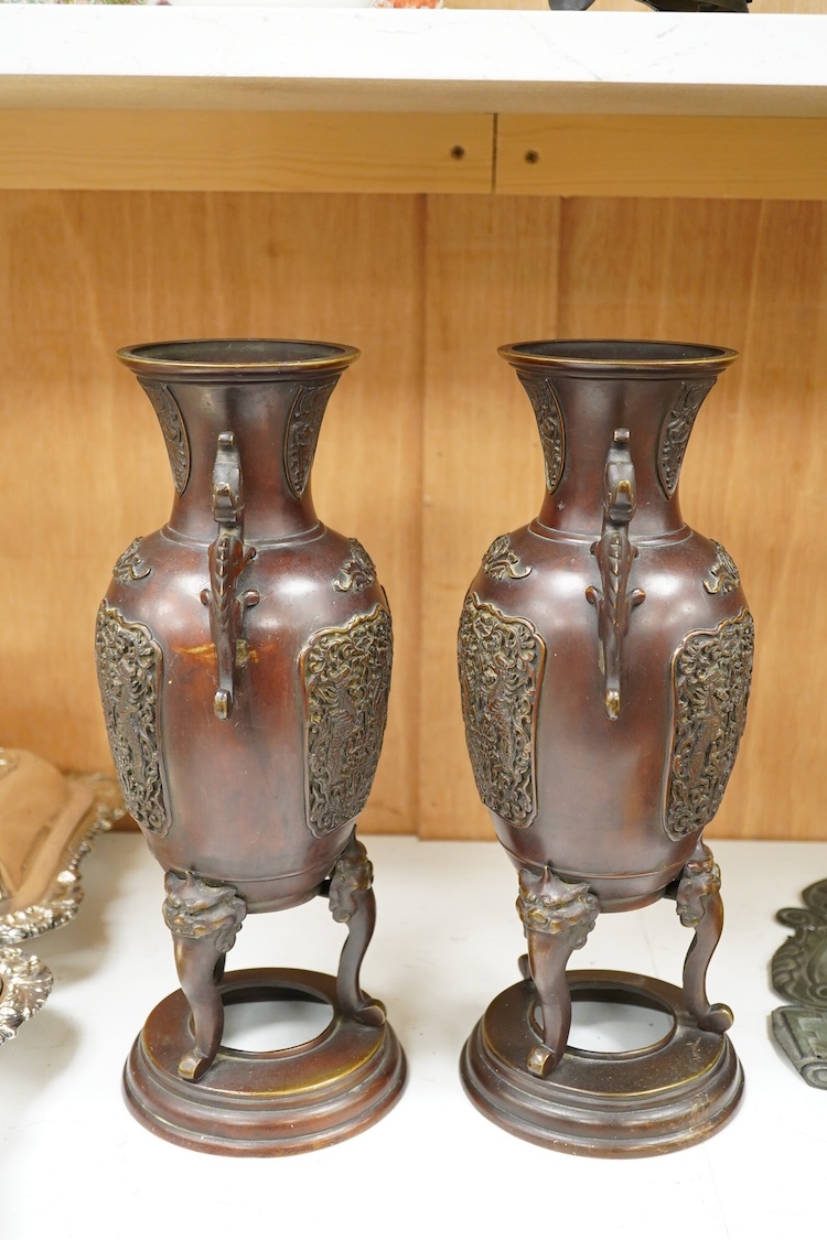 Two pairs of Japanese bronze vases, Meiji period and another, later example, largest 35cm high